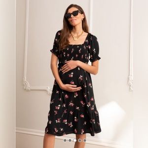 Seraphine Black Floral Shirred Maternity & Nursing Dress